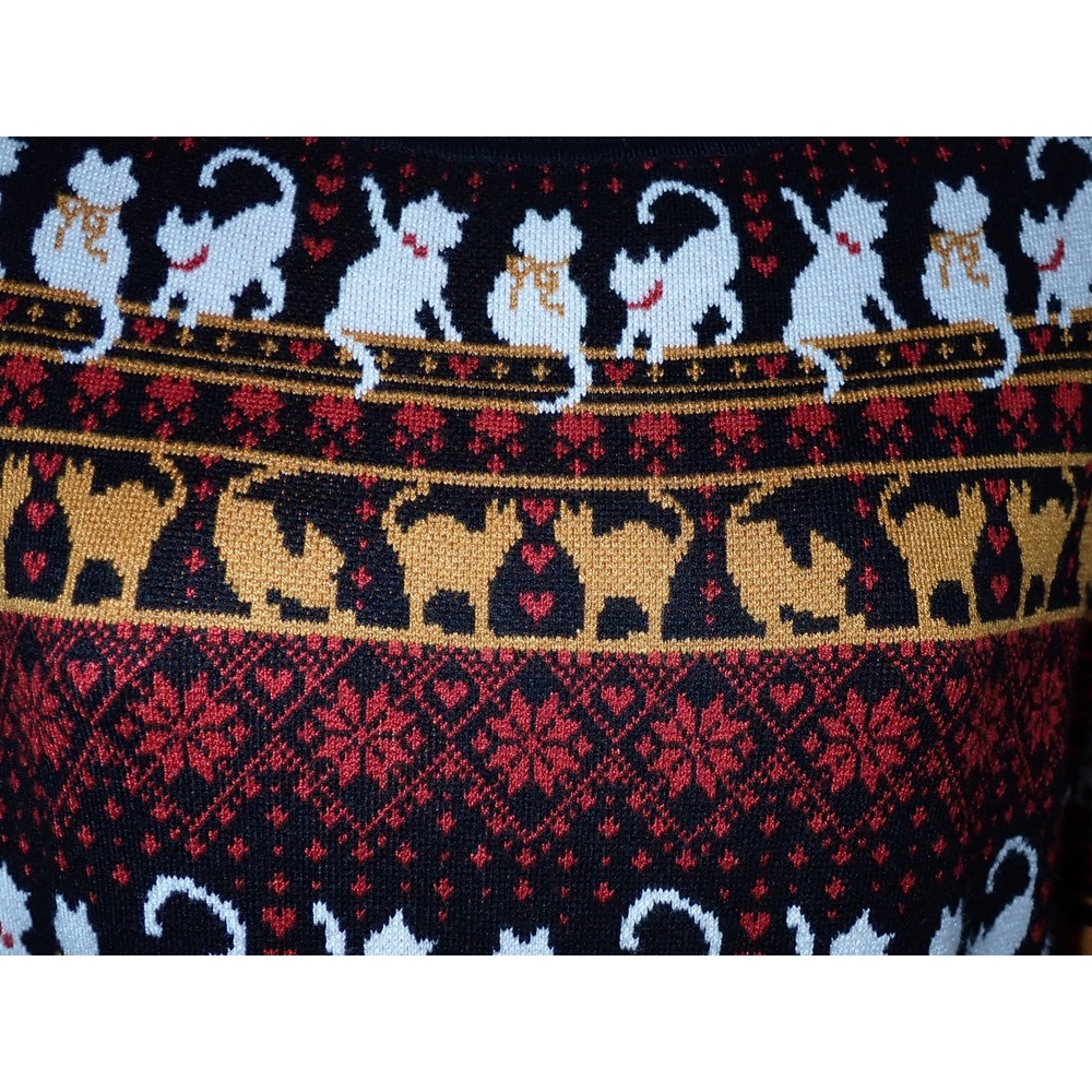 Unique Vintage Women's Cat Fair Isle Knit Sweater Black Red White Size XS/S - Picture 2 of 5